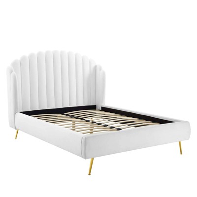 Queen White Velvet Upholstered Wingback Platform Bed with Tufted Headboard