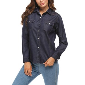 Zeagoo Women's Collared Long Sleeve Denim Button-down Shirt with Pockets Blue XXL - 1 of 4