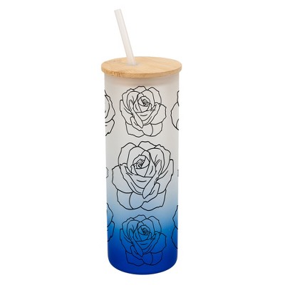 Elanze Designs Rose Flower Garden Wrap-Around Design 25 Ounce Frosted Gradient Glass On-The-Go Coffee Travel Skinny Tumbler Mug Cup, Bamboo Lid and