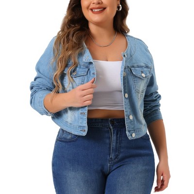 Agnes Orinda Women's Plus Size Denim Long Sleeve Collarless Pockets Button Down Crop Jean Jackets