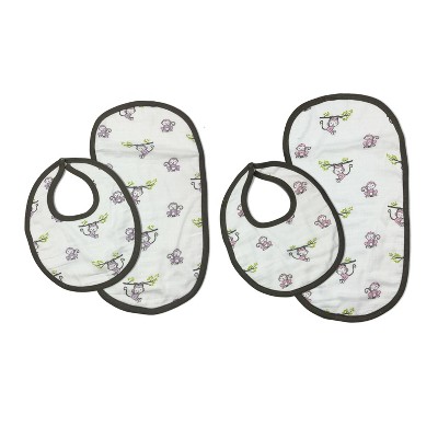 Bacati - Happy Monkeys Pink/Purple Muslin 4 pc set of Bibs & Burp Cloths Set