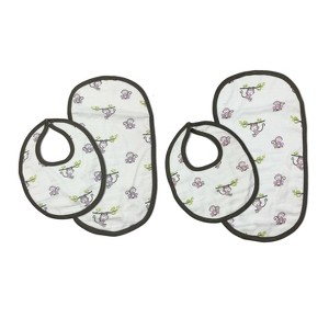 Bacati - Happy Monkeys Pink/Purple Muslin 4 pc set of Bibs & Burp Cloths Set - 1 of 4