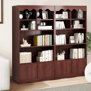 63" Tall Bookshelf with Doors, Modern Scalloped Design 5-Tier Storage Cabinet - 1 of 4