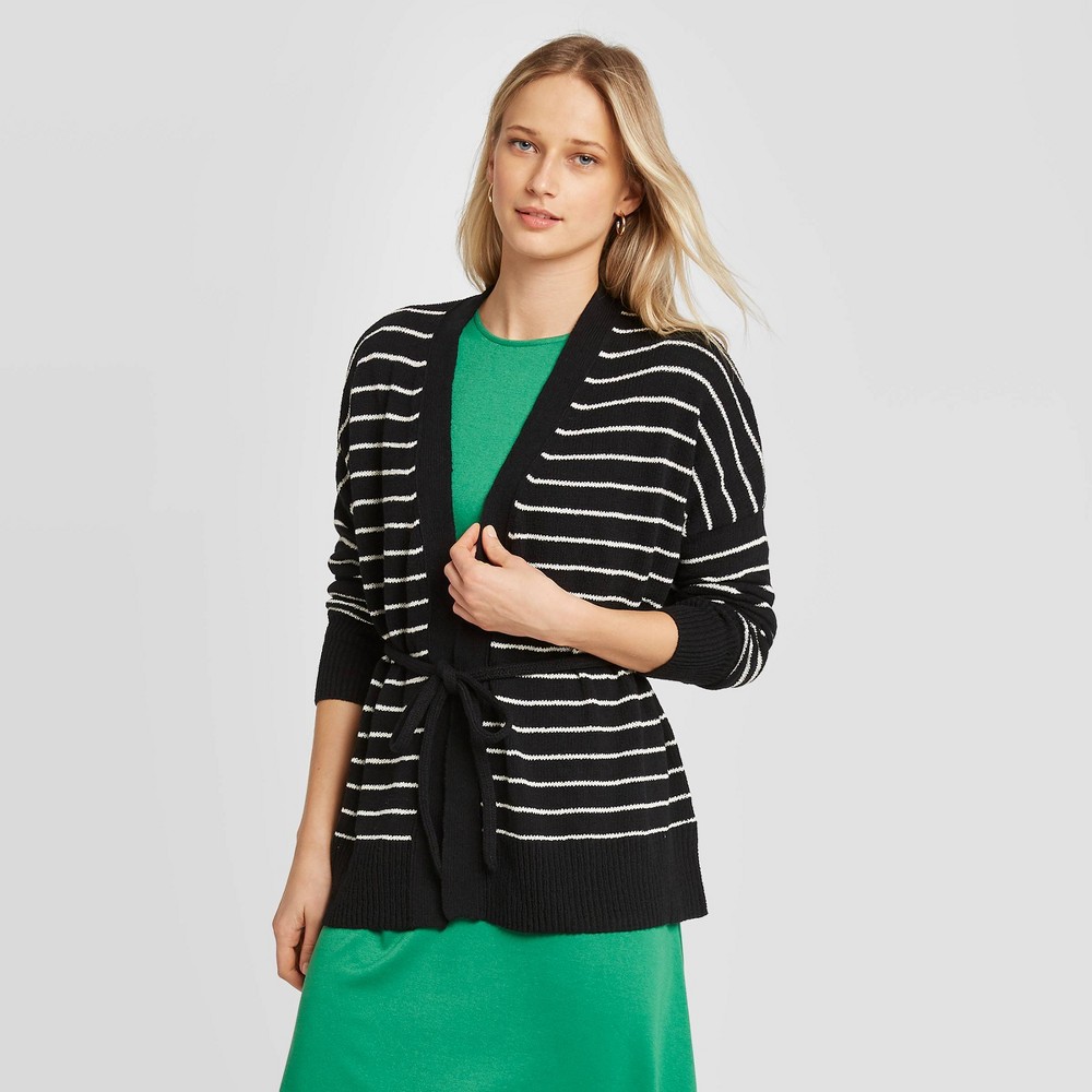 Women's Striped Long Sleeve Wrap Cardigan - Who What Wear Black L was $34.99 now $17.49 (50.0% off)
