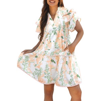 Amaryllis Women’s Floral Collared Babydoll Dress Puff Short Sleeves Flowy Silhouette Pockets Lightweight