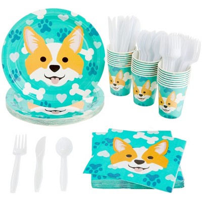 Blue Panda 144 Piece Puppy Dog Party Supplies, Corgi Birthday Decorations with Paper Plates, Napkins, Cups, and Cutlery (Serves 24)