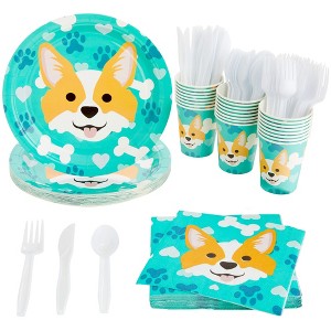 Blue Panda 144 Piece Puppy Dog Party Supplies, Corgi Birthday Decorations with Paper Plates, Napkins, Cups, and Cutlery (Serves 24) - 1 of 4
