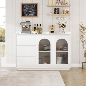 GARVEE 48" Sideboard Buffet Cabinet with Glass Doors and Led Lights, Modern Buffet Table with 3 Storage Drawers for Kitchen, Dining Room, White - 1 of 4