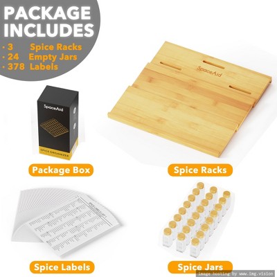 3-Tier Bamboo Spice Drawer Organizer with Glass Jars and Labels