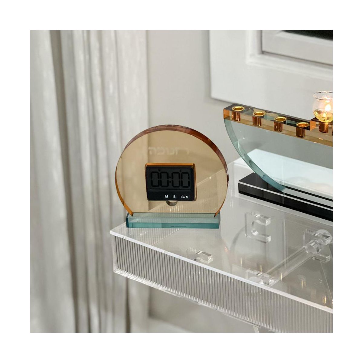 Amber & Teal Lucite Chanukah Timer White, Elegant Hanukkah Judaica Decor with Digital Clock Display - thumbnail 7