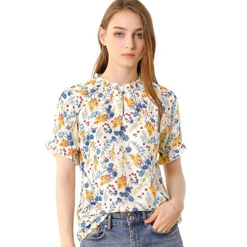 Allegra K Women's Floral Ruffled Short Sleeve Mock Neck Blouses White Blue  X-Small