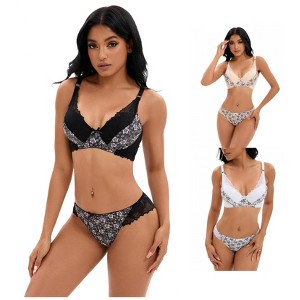 INSPIRE CHIC 3 Sets Women's Floral Mesh Push-Up Underwire Lace Bra and Underwear Lingerie Set - 1 of 4