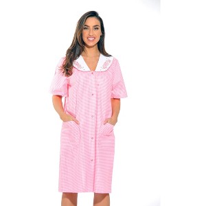 Dreamcrest Womens Short Sleeve Duster, Seersucker Gingham Housecoat/Women Sleepwear Embroidered Snap Front Nightgown - 1 of 3