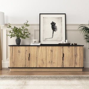 Modern Natural Wood Grain Four-Door MDF TV Cabinet for TV and item storage in modern homes, Media Storage Cabinets for Living Room, 55*15.7*18.9in - 1 of 4