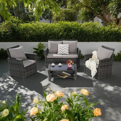 4-Piece Outdoor Patio Rattan Conversation Sofa Set with Tempered Glass Coffee Table