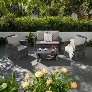4-Piece Outdoor Patio Rattan Conversation Sofa Set with Tempered Glass Coffee Table - 1 of 4