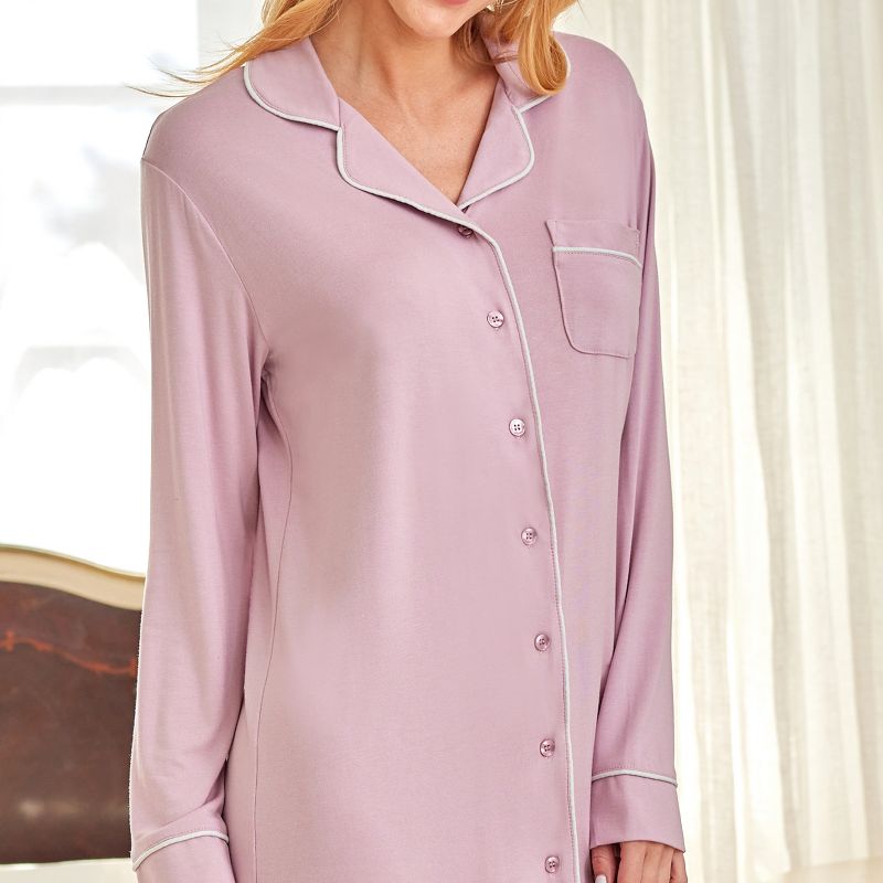 Womens Soft Knit Pajama Nightgown, Boyfriend Style Long Sleeve Sleep Shirt, 6 of 7