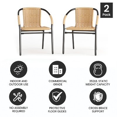 Beige Rattan and Black Steel Patio Dining Chairs, Set of 2
