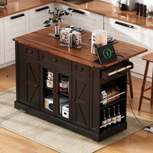 53" Farmhouse Kitchen Island with Power Outlet, Drop Leaf & Wheels - Black Rolling Cart with Glass Doors, 3 Drawers & 5 Racks - 1 of 4