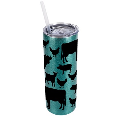 Elanze Designs Black Turquoise Blue 20 Ounce Double Wall Stainless Steel Glitter Travel Tumbler With Sliding Lid And Straw, Farm Animals