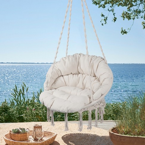 Carla Cotton Rope Beige Fabric Hammock Swing with Cushion for Single Person Outdoor Furniture Maison Boucle