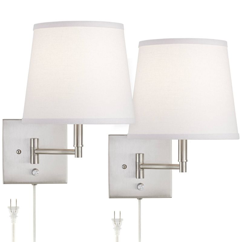 360 Lighting Lanett Modern Swing Arm Wall Lamps Set of 2 Brushed Nickel Plug-in Light Fixture White Empire Drum Shade for Bedroom Bedside Living Room, 1 of 8