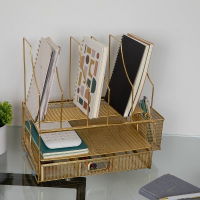 Gold Mesh Metal Large Desktop Organizer with Drawer and File Holder