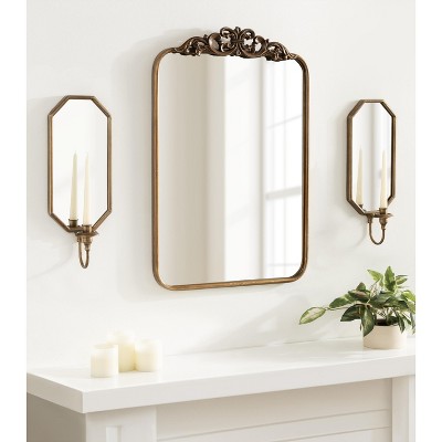 Gold Antique Mirrored Wall Sconce with Candlestick Holder