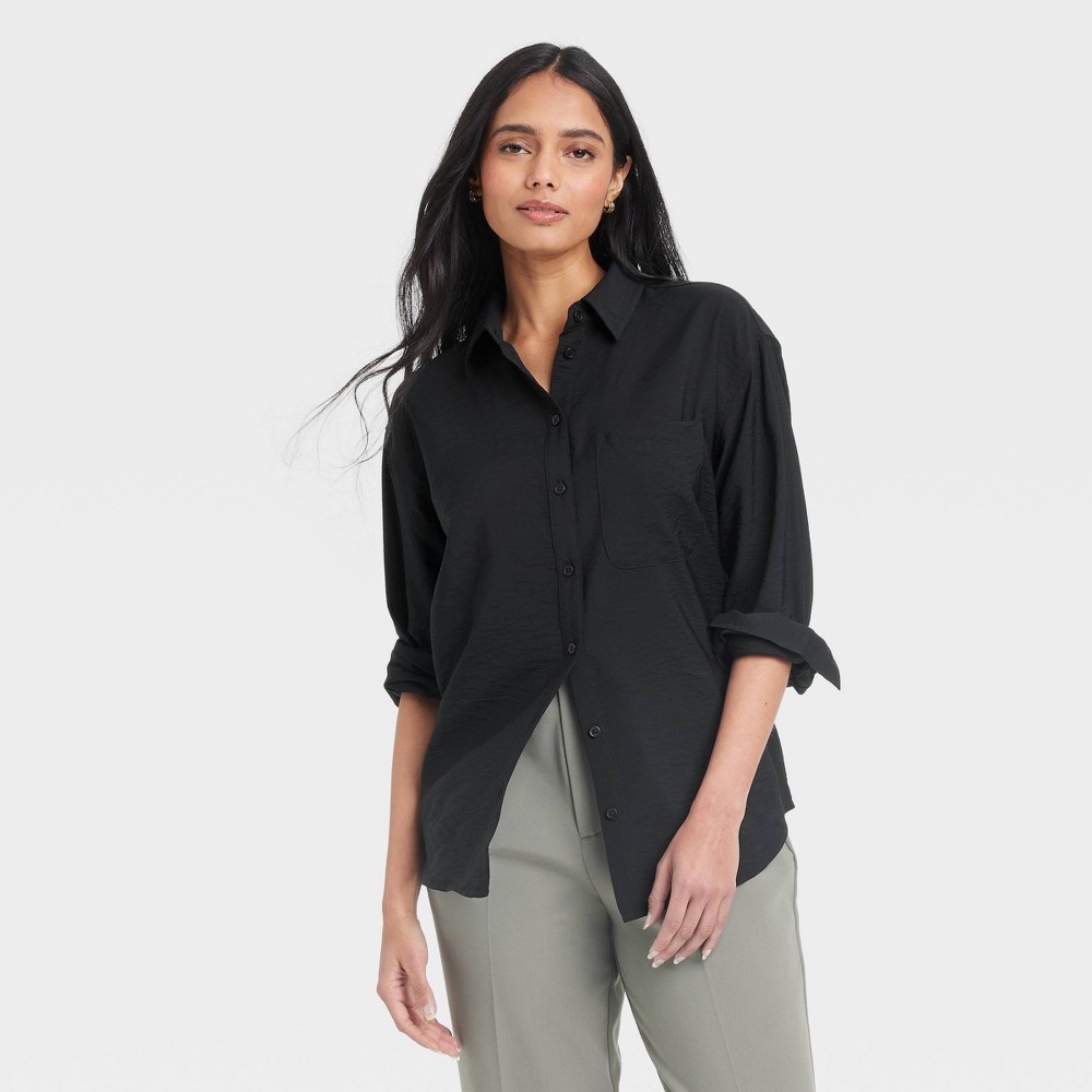 Women's Oversized Long Sleeve Crinkle Button-Down Shirt - A New Day™ Black M: Lightweight Rayon Nylon Blend, Front Placket