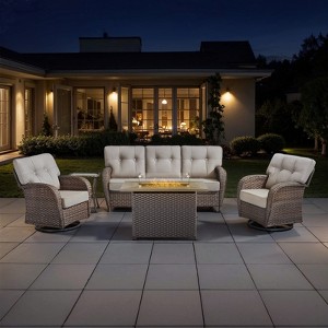 Belord Furniture Patio Set with 41" Propane Fire Pit Table, Patio Furniture Set with Sofa, 2 Swivel Patio Chairs, Accent End Table, and Fire Pit Table - 1 of 4