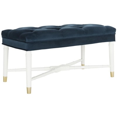 Navy Velvet Tufted Bench with White Bamboo Detail and Brass Capped Feet