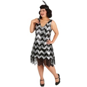 HalloweenCostumes.com Plus Size Fringe Silver and Black Flapper Dress for Women - 1 of 3