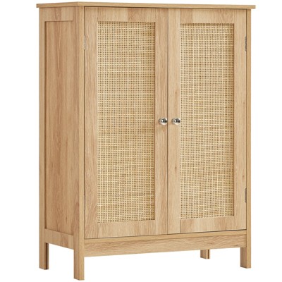 USIKEY Storage Cabinet with 2 Storage Shelf, Rattan Cabinet with Doors, Accent Cabinet for Living Room, Entryway, Home Office