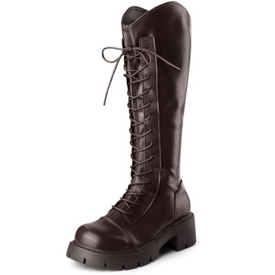 Perphy Women's Platform Lace Up Chunky Heel Knee High Combat Boots