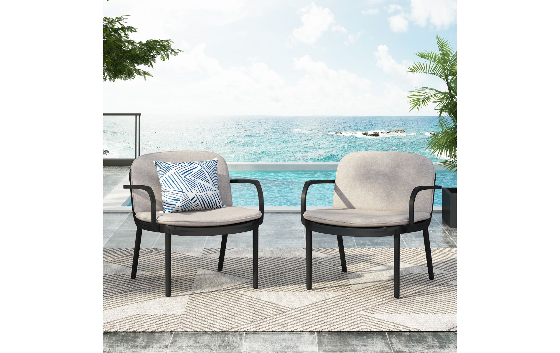 2-Piece Patio Chair Set with Beige Cushions & Rust Resistant Polypropylene Frame, Modern Outdoor Lounge Chairs-3irtyhousy