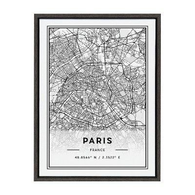 Paris Modern Map Black and White Framed Canvas Art