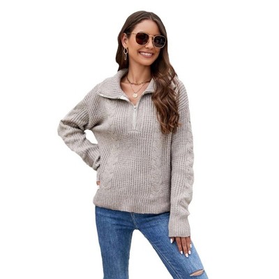 Coolmee Women's Sweaters Fall Fashion Loose Quarter Zip Pullover Collared Long Sleeve Cable Knit Winter Clothes