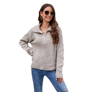 Coolmee Women's Sweaters Fall Fashion Loose Quarter Zip Pullover Collared Long Sleeve Cable Knit Winter Clothes - 1 of 4