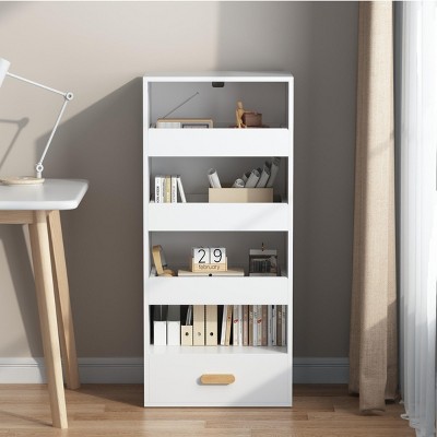 INFURNIC Decorative Bookshelf 4 Tier Freestanding Storage Shelf with Sliding Drawers and Bottom Drawer, White, 18.9"*14.96"*42.13"