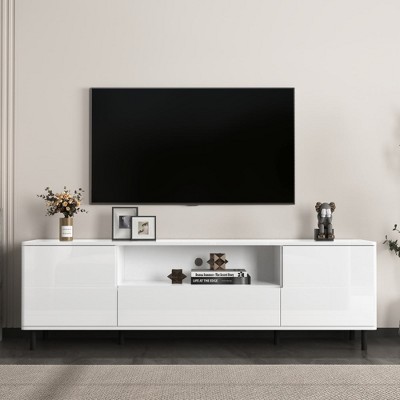 Chic Crate-Cloud White High Gloss Media Console – 63In TV Stand w/ Storage Shelves, Multi-Room Furniture