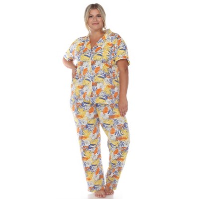 Plus Size White Tropical Floral Print Pajama Set 3XL