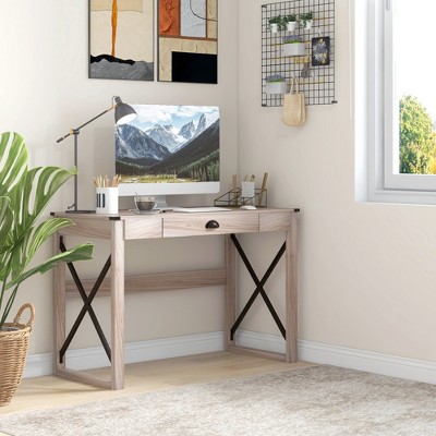 Black Wood X-Frame Computer Desk with Drawer