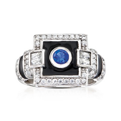 Ross-Simons 0.20 Carat Simulated Sapphire and .60 ct. t.w. CZ Art Deco-Style Ring With Black Enamel in Sterling Silver Size 5