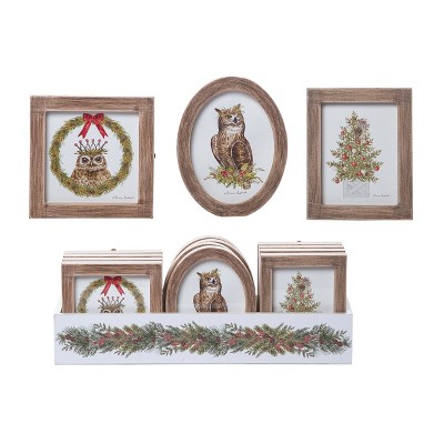 Transpac Holiday Owl Framed Artwork Set of 3 Christmas Wall Art Indoor Decoration Multicolor Wood Frame Gift Idea