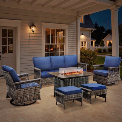 Belord Outdoor Patio Furniture Set with Propane Firepit Table with Glass Wind Guard, Patio Firepit Set with Patio Sofa and Swivel Rocking Glider Chair