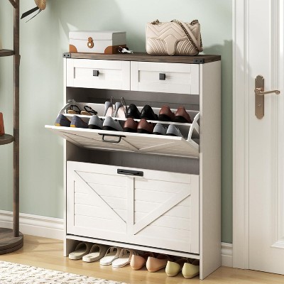 Coucheta Farmhouse Shoe Cabinet with 2 Flip Drawers - Slim Entryway Organizer with Rustic Metal Accents, White