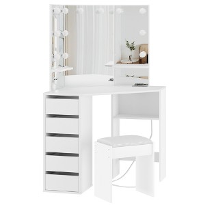 Corner vanity set with triple-fold lighted mirror, featuring a charging station, 5 rotating drawers, and storage bench—perfect for the bedroom. - 1 of 4
