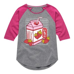 Girls' - Instant Message - Strawberry Milk Shirt Tail Raglan Graphic T-shirt - 1 of 4