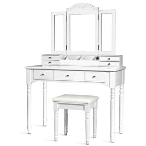 Tangkula 7 Drawers Tri-Folding Vanity Mirror Makeup Dressing Table Set w/ Necklace Hook - 1 of 4