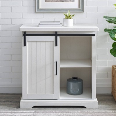 Tertia Grooved Sliding Barn Door Farmhouse Accent Cabinet Brushed White - Saracina Home